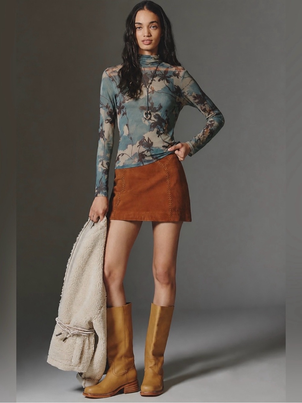 Anthropologie Sheer Mock Neck Mesh Abstract Floral Top Large